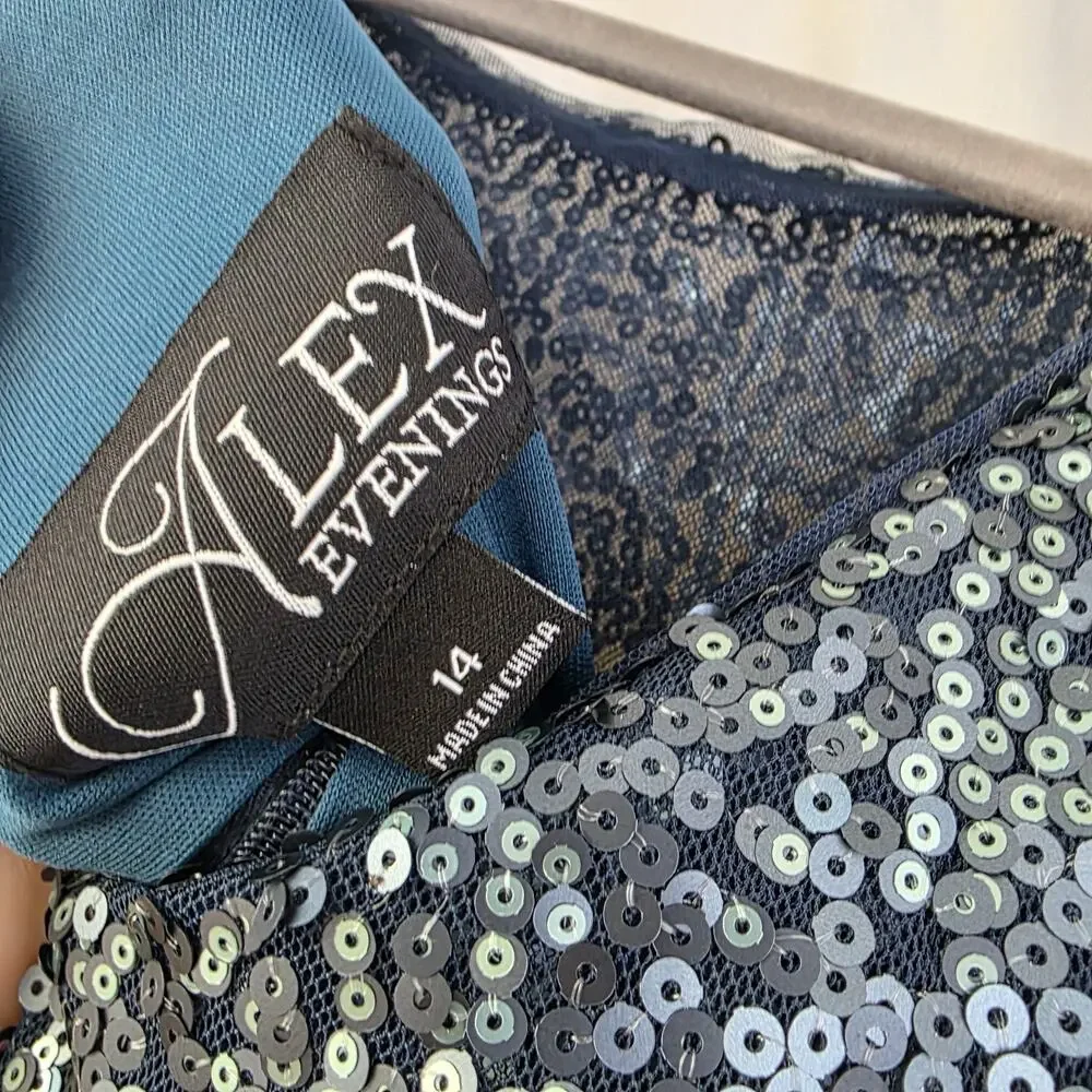 ALEX‎ EVENINGS Women's Sequined Cocktail Dress Size 14 NWT Cape Vintage Teal